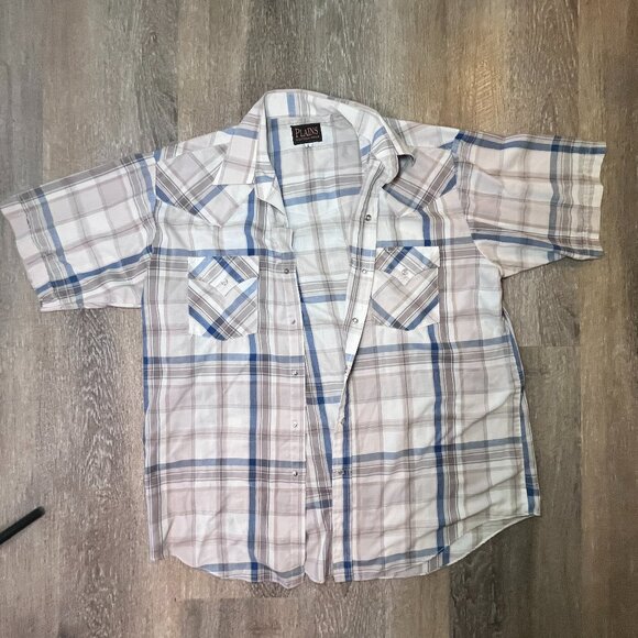 Plains Western Wear Pearl Snap Shirt - Blue & Tan Plaid - Men's Large - Picture 2 of 6